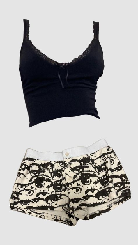 Black crop top and comfy graphic shorts 🖤 #blackcroptop #croptop #outfitinspo #comfyfit #eyesaesthetic #brandymelville Crop Top And Shorts Pajamas, Black Pjs Aesthetic, Pj Shorts Outfit, Bra And Shorts Outfit, Pajama Shorts Outfit, Crop Top Pajamas, 2000s Wardrobe, Pajamas Shorts Outfit, Pajama Set Shorts