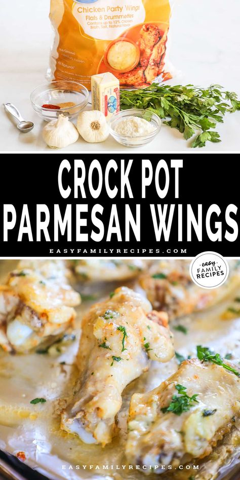 These wings are total crowd-pleasers! This Slow Cooker Garlic Parmesan Wings recipe is the easiest way to make juicy, tender, full-of-flavor chicken wings. No frying needed! They get so tender and juicy when they’re slow-cooked, then a quick trip to the oven crisps them up for wings that are golden and crispy on the outside and so tender inside. Garlic, Parmesan, and herbs add amazing flavor. These Crockpot wings are great for parties, potlucks, game days, or easy family-friendly dinners! Crockpot Wings, Garlic Parmesan Wings Recipe, Wings Slow Cooker, Frozen Chicken Crockpot, Parmesan Wings Recipe, Chicken Wings Crockpot, Slow Cooker Chicken Wings, Asian Steak Bites, Parmesan Wings