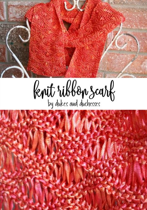 Use light ribbon yarn and this simple wavy scarf pattern to knit a gorgeous ribbon scarf that can be worn any time of the year! Knitting With Ribbon Yarn, Ribbon Yarn Knitting Patterns, Ribbon Yarn Projects, Crochet With Ribbon Yarn, Ribbon Knitting, Ribbon Yarn Scarf, Knitted Scarfs, Grandma Knitting, Easy Scarf Knitting Patterns