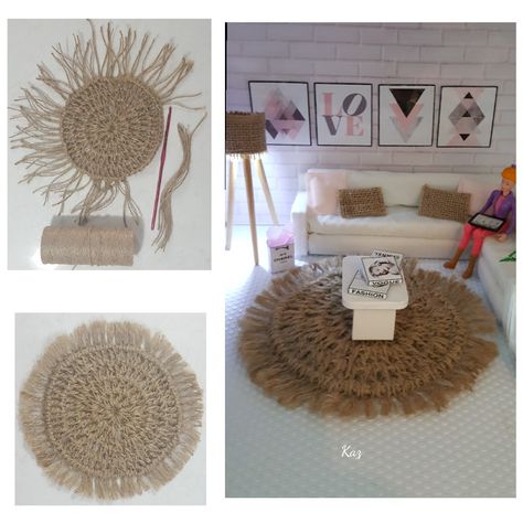 Macrame dollhouse rug I made using jute twine Dollhouse Macrame, Bohemian Dollhouse, Mouse Mansion, Dollhouse Furniture Tutorials, Toy Furniture, Maileg Mice, Barbie House Furniture, Diy Barbie House, Dollhouse Rug