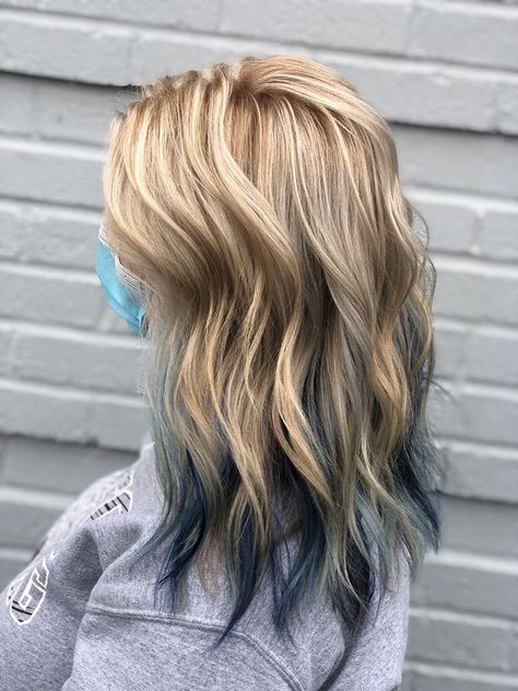 Blonde Hair With Navy Blue Highlights, Blonde And Dark Blue Hair, Blue Underneath Hair Blonde, Colored Highlights In Blonde Hair, Blonde Hair With Dyed Tips, Blonde With Blue Underneath, Dark Blue And Blonde Hair, Under Color Hair Ideas Blondes, Blonde Hair With Color Streaks