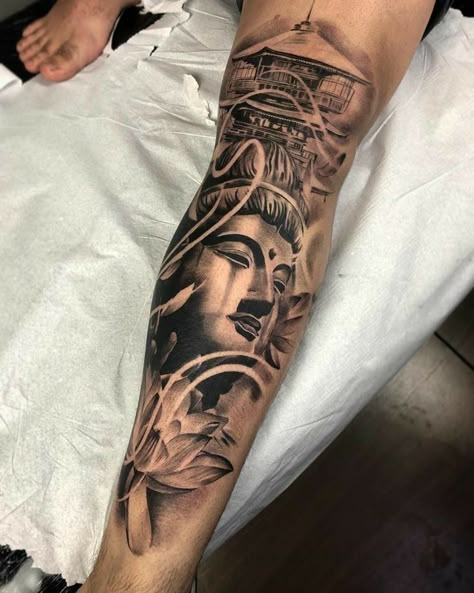 Lao Buddha Tattoo, Jappo Tattoo, Asian Temple Tattoo, Buddhist Tattoo Sleeve, Buddha Tattoo Sleeve, Temple Tattoo, Buddhist Tattoo, Buddha Tattoo Design, Buddha Tattoos