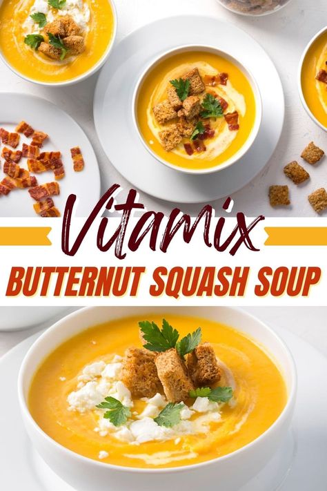 This Vitamix butternut squash soup couldn't be easier! With just 7 ingredients and your Vitamix, you'll have sweet, smooth, velvety soup that everyone will adore. Vitamix Squash Soup, Vitamix Butternut Squash Soup Recipe, Vitamix Soups Healthy, Soup Vitamix Recipes, Butternut Squash Soup Vitamix Recipe, Vitamix Soup Recipes Easy, Vita Mix Soup Recipes, Vitamix Butternut Squash Soup, Butternut Squash Soup Vitamix