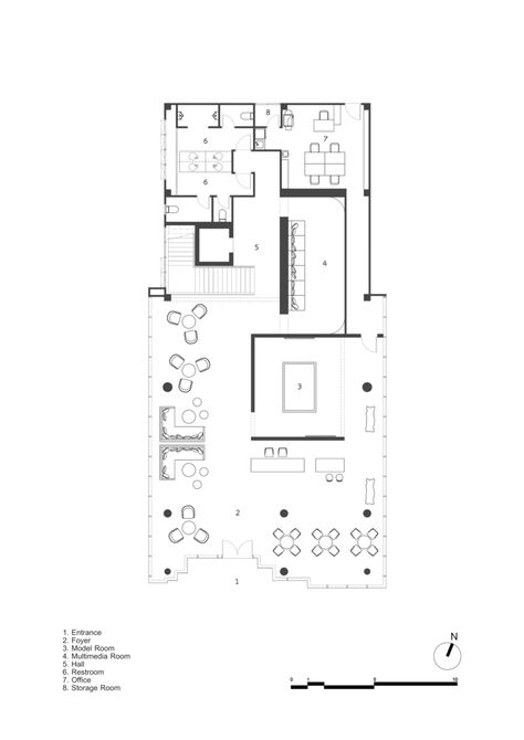 Galeria de Oka Haus / Anonym - 14 Lobby Plan, Lobby Ceiling, Galleries Architecture, Office Floor Plan, Office Lobby, Office Plan, Sales Office, Ground Floor Plan, Convention Center