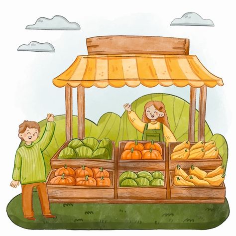 Super Market Drawing, Fruit Market Drawing, Vegetable Market Drawing, Market Drawing Easy, Farmers Market Drawing, Market Scene Drawing Easy, Farmers Market Illustration, Market Cartoon, Market Drawing