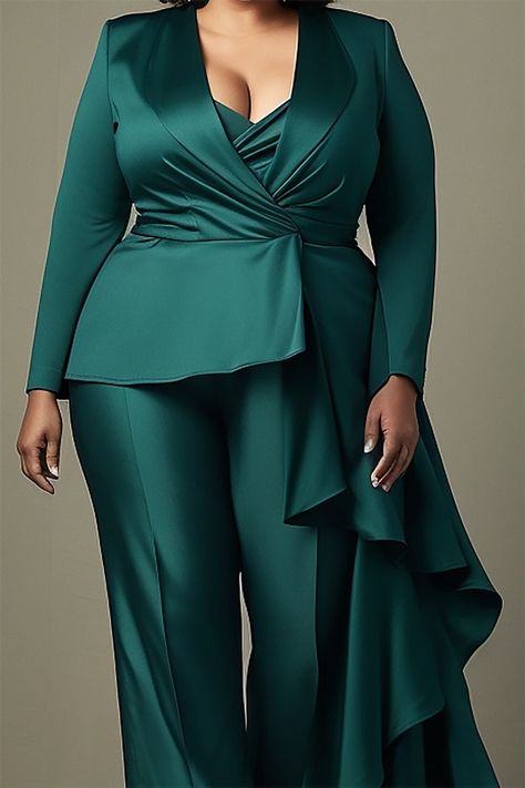 Plus Size Stylish Matching Sets for Women | Xpluswear Elegant Pant Suits Wedding Classy, Mother Of The Bride Pants Outfit, Wedding Guest Pants, Green Outfits For Women, Plus Size Outfits Casual, Mother Of The Bride Suits, Wedding Pants, Bride Elegant, Bride Suit