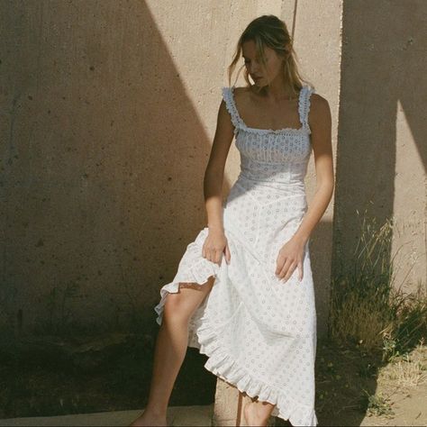 DÔEN Roma Dress in Powder Doen Dress, Decorative Ladder, Cottage Dress, Eyelet Maxi Dress, Full Length Skirts, Dress Aesthetic, Vintage Elegance, Vintage Inspired Dresses, Silk Maxi Dress