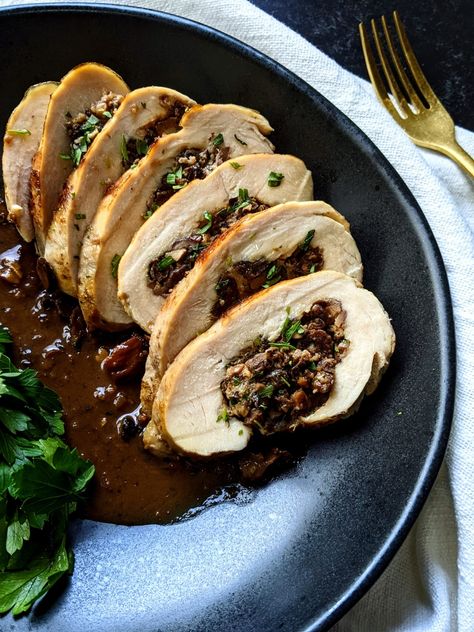 Chestnuts and mushroom stuffed chicken with tarragon cognac reduction Chestnut Chicken, Mushroom Stuffed Chicken, Butterfly Chicken Breast, Chestnut Stuffing, Heart Kitchen, Mushroom Stuffed, Mushroom Stock, One Pan Meal, Butter Alternative