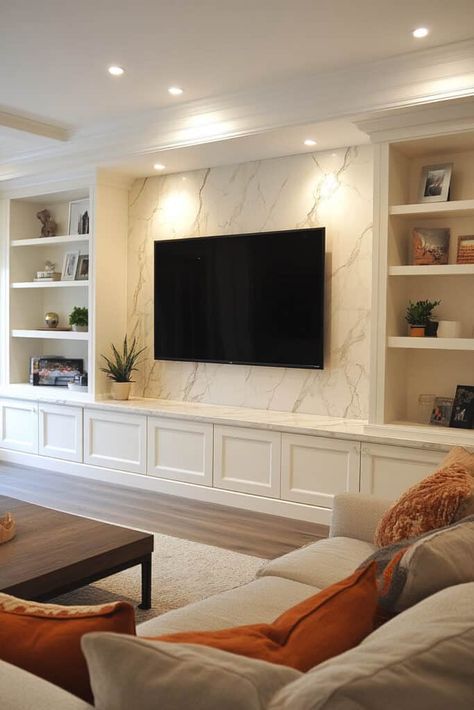 Living Room Built-In marble Tv No Fireplace Living Rooms, Tv Media Room Ideas, Tv Center Ideas, Bench Seating Under Tv, Living Room Built In Tv Wall, Built In Wall Storage Living Room, Large Living Room Built Ins, Built In Shelves Under Tv, Built In Bench Under Tv