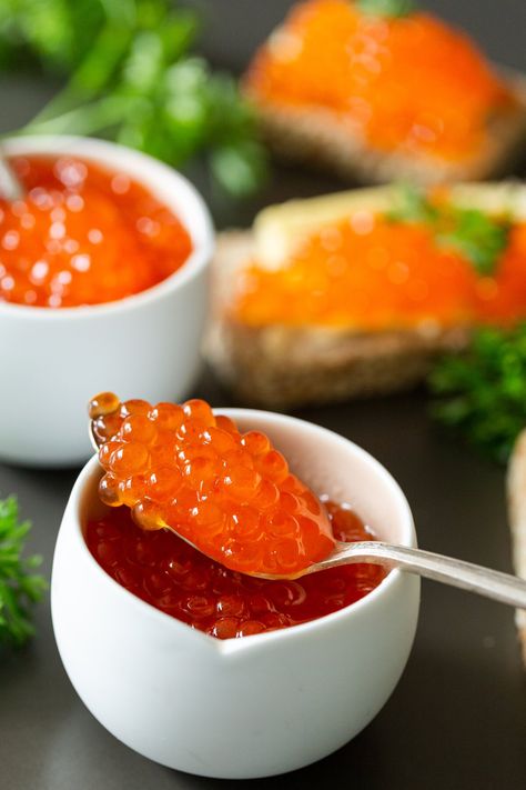 Salmon Caviar Recipe (Only 15 Minutes) - Momsdish Salmon Chowder Recipe Easy, Salmon Photo, Caviar Food Photography, Salmon Photography Nature, Salmon Roe Caviar, Caviar Fish, Salmon Chowder Recipe, Smoked Salmon Chowder, Brown Sugar Glazed Salmon