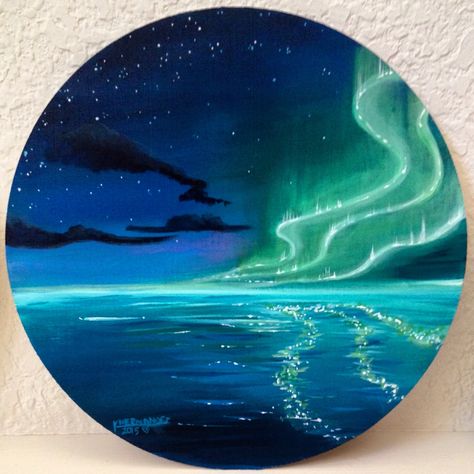 Round Painting Ideas On Canvas, Pnw Lifestyle, Round Canvas Painting, Led Light Painting, Aurora Borealis Painting, Pnw Art, Vinyl Art Paint, Northern Lights Painting, Circle Canvas