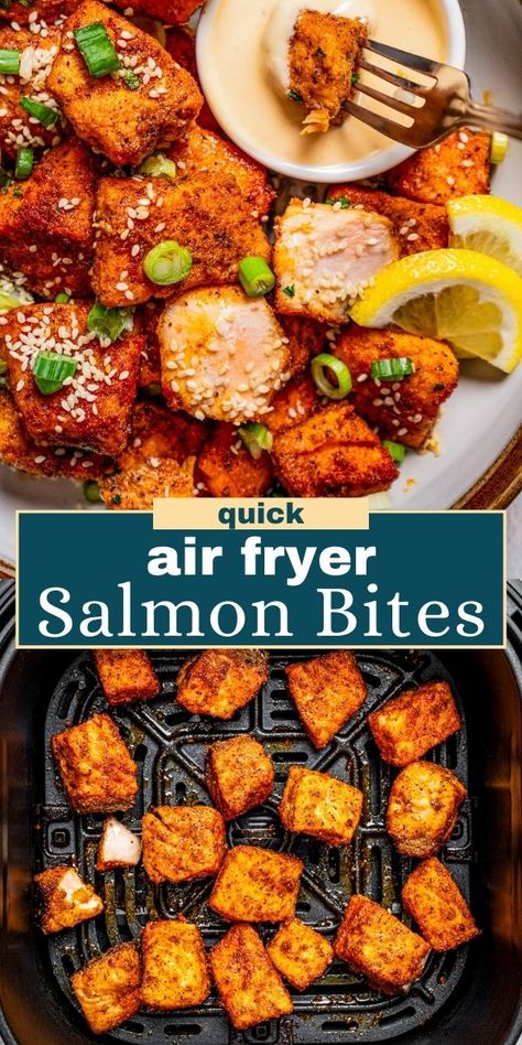 Salmon Chunks Recipe, Salmon Bites Air Fryer, Easy Air Fryer Salmon, Diethood Recipes, Salmon Calories, Boudain Recipes, Perfect Salmon, Salmon Bites Recipe, Air Fryer Meals