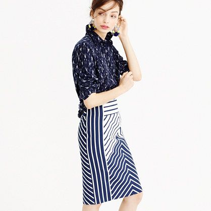 We don't think pencil skirts have to be straitlaced. Case in point: this sleek, slightly longer silhouette with a modern higher waist. It's made from a specially stitched cotton fabric, so it has a touch of texture, and is finished with chevron stripes that were carefully engineered for an extra-flattering effect. <ul><li>Sits above waist.</li><li>24" long.</li><li>Falls above knee.</li><li>Cotton.</li><li>Back zip.</li><li>Lined.</li><li>Dry clean.</li><li>Import.</li></ul> Pencil Dresses Work, Chic Black Dress, J Crew Style, Chevron Stripe, A Skirt, Beautiful Skirts, Wearing Red, Pencil Dress, White Skirts