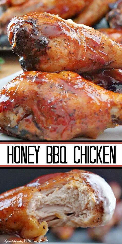 This contains: Collage of honey bbq chicken drumsticks on plate at top and closeup shot of drumstick with bite taken out at bottom. Bbq Chicken Stovetop, Stove Top Bbq Chicken, Honey Barbeque Chicken, Barbecue Chicken Drumsticks, Honey Barbecue Chicken, Sweet Bbq Chicken, Chicken Recipe For Dinner, Bbq Chicken Drumsticks, Honey Barbecue Sauce