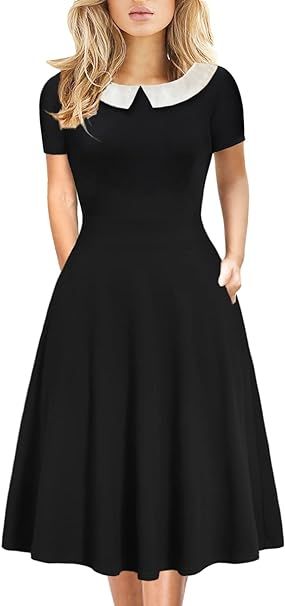 Amazon.com: Halloween Dress for Petite Women Vintage Peter Pan Collar Elegant Cotton Fit and Flare Juniors Girls Casual Party Aline Dresses with Pockets 978 (Black White, M) : Clothing, Shoes & Jewelry Aline Dresses, Peter Pan Dress, Dress For Petite Women, Peter Pan Collar Dress, Blouse Designs Indian, Aline Dress, Work Party, Petite Women, Halloween Dress