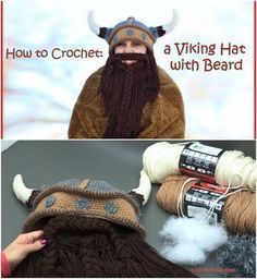 Incredible crochet viking hat with removable beard. Free pattern and tutorial shows you exactly how to make it. Viking Hat Crochet Pattern, Crochet Beard Hat, Crochet Viking Hat, Crochet Viking, Crochet Beard, Beard Hat, Crochet Costumes, Viking Hat, Viking Beard