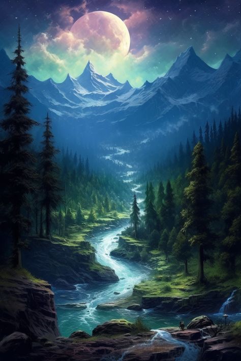 Night Time Landscape, Moon In The Clouds, Mystical Mountains, Mountains Dark, Nature At Night, Beautiful Scenery Drawing, Mountain Painting Acrylic, Demon Realm, Majestic Forest