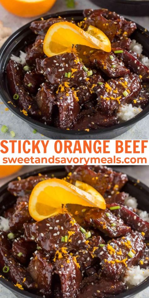 Sticky Orange Beef made in one pan in just 20 minutes, is full of flavor, made with fresh orange zest, orange juice, fresh ginger, and brown sugar. Orange Beef Crockpot, Best Asian Dinner Recipes, Spicy Orange Beef, Crispy Orange Beef Recipe, Orange Beef And Broccoli, Orange Recipes Savory, Orange Dinner Recipes, Orange Recipes Dinner, Tangerine Beef