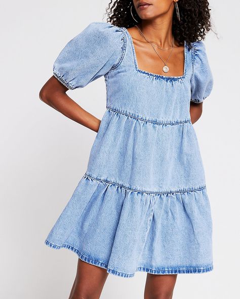 Denim short sleeve smock tiered dress | River Island Island Dresses, Cotton Poplin Dress, White Slip Dress, Denim Dresses, Rust Dress, Dress Shirt Sleeves, Poplin Dress, Denim Mini Dress, Denim Short