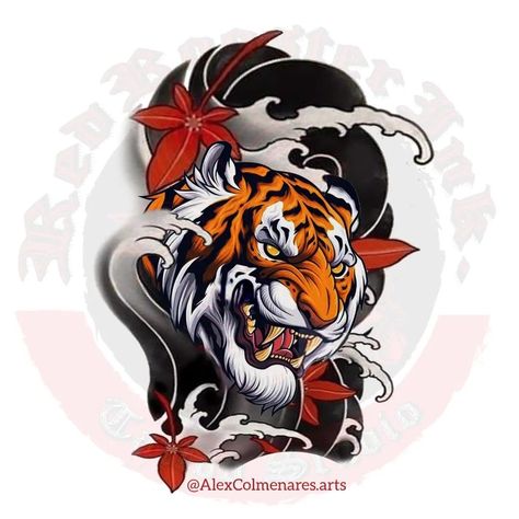 Japanese Tiger Head Tattoo Design, Tiger Head Tattoo, Japanese Tiger Tattoo, Blossom Tree Tattoo, Big Cat Tattoo, Japanese Flower Tattoo, Dragon Tattoo Art, Japanese Tiger, Bamboo Tattoo