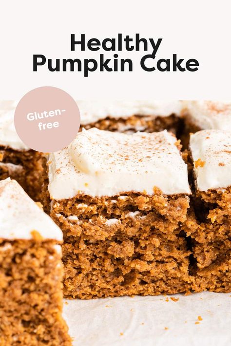 This healthy pumpkin cake is gluten-free, naturally sweetened and perfectly moist. It's packed with fall flavors and topped with a delicious cream cheese frosting. Healthy Pumpkin Cake, Paleo Pumpkin Bars, Family Recipies, Healthy Pumpkin Bars, Yogurt Cream Cheese, Pumpkin Bars With Cream Cheese, Pumpkin Cake Recipe, Classic Fall Desserts, Bars With Cream Cheese Frosting