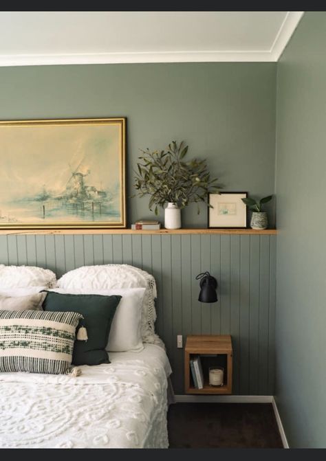 Tonal Green Bedroom, Wainscoting Small Bedroom, Small Bedroom Green Accent Wall, Panneling Rooms Bedroom Green, Grey Carpet Wall Color Ideas, Calm Guest Bedroom, Green Beadboard Bedroom, 2nd Bedroom Ideas, Sage Wall Bedroom