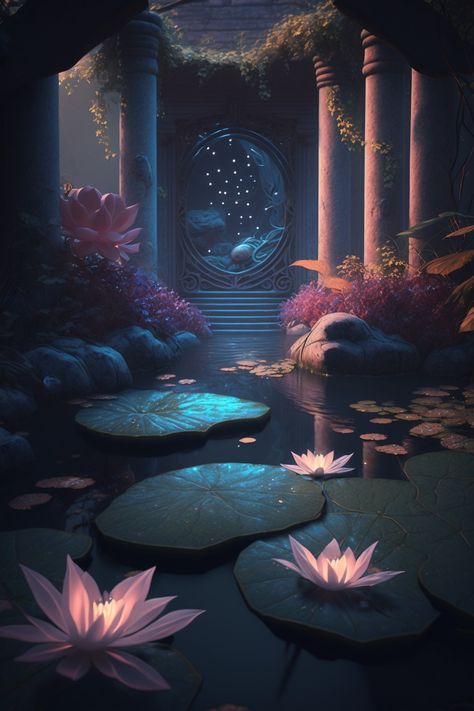 Made by me with Midjourney Lily Pads Aesthetic, Fantasy Pond, Fantasy Phone Wallpaper, Eiffel Tower Photography, Wattpad Background, L Wallpaper, Dreamy Artwork, Lotus Pond, Fantasy Background