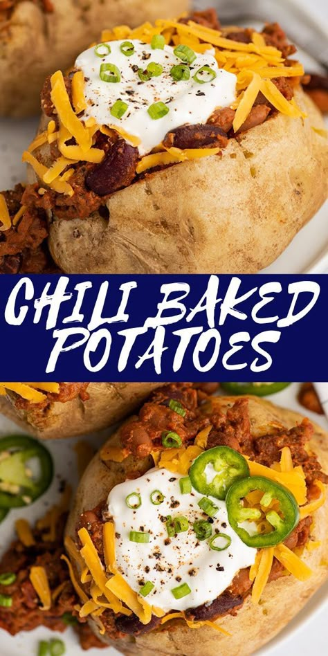 Chili Over Baked Potato, Loaded Baked Potatoes With Meat, Baked Potatoes Stuffed Meals, Baked Potato And, Dinner Recipes Baked Potato, Loaded Baked Potato With Chili, Baked Potato Loaded Dinners, Baked Potatoes And Chili, Chilli Baked Potato Recipes