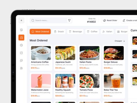 Food App Ui Design, Food App Ui, Italian Burger, Tablet Ui, Pos Design, Coffee Snacks, Americano Coffee, Pos System, Thai Tea