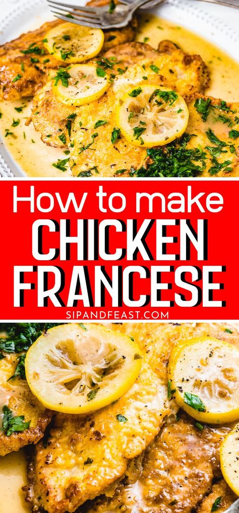 Sliced Chicken Breast Recipes, Chicken Francaise Recipe, Chicken Francese Recipe, Chicken Francaise, Cutlet Recipes, Sip And Feast, Chicken Francese, Chicken Cutlet Recipes, Delicious Salmon Recipes