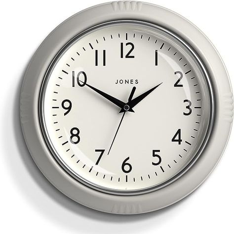 Amazon.com: JONES CLOCKS® The Ketchup Wall Clock - Analog Wall Clock - Retro Clock - Kitchen Wall Clocks - Easy to Read Dial - Round Wall Clock - British Design - 10in Clock (Light Gray) : Home & Kitchen Retro Style Kitchen, Grey Wall Clocks, Blue Wall Clocks, Kitchen Clock, Living Room Clocks, Small Clock, Office Clock, Retro Wall Clock, Kitchen Clocks