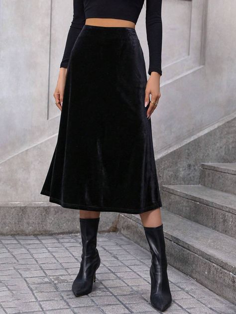 Velvet A-line Skirt | SHEIN USA Long Velvet Skirt Outfit, Velvet Skirt Outfit, Velvet Skirts, A Line Midi Skirt, Ruffle Hem Skirt, Skirt Elegant, Shein Outfits, Velvet Skirt, Elegant Skirt