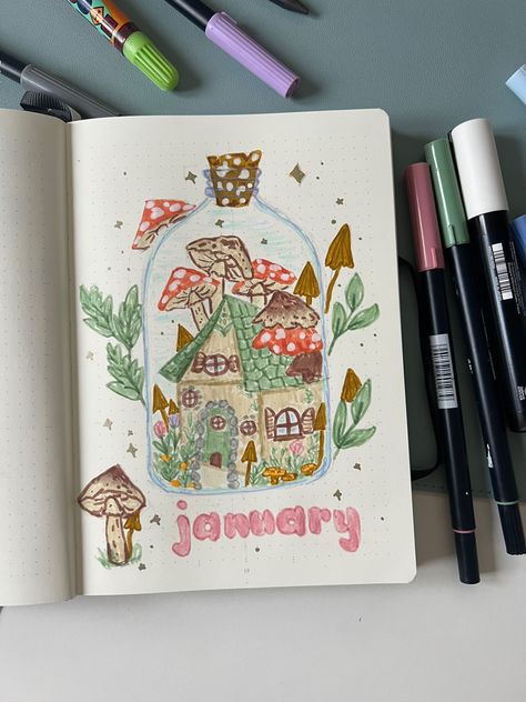 Cottage Core Bujo, Cottagecore Bujo Theme, January Aesthetic Drawing, 2024 Bujo Cover, Cottagecore Bujo, Cottagecore Bullet Journal, January Bujo Cover, Cottagecore Doodles, Bujo Autumn