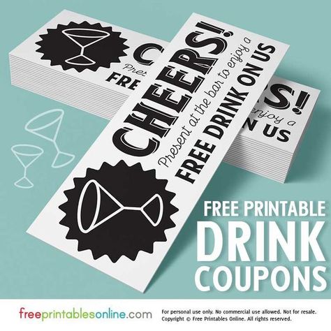 Cheers! These free drink on us tickets are perfect for any event that calls for printable drink vouchers. Whether it’s for an open bar at a wedding or a limited bar at another event, these free drink Drink Coupon Design, Free Drink Coupon, Wedding Drink Tickets, Drink Tickets, Ticket Template Free, Event Ticket Template, Drink Ticket, Printable Tickets, Voucher Design