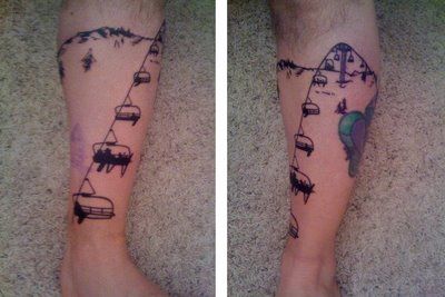 nice chairlift leg tattoo Chairlift Tattoo, Snowboarding Tattoo, Snowboard Tattoo, Skiing Tattoo, Filipino Tattoos, Ski Art, Getting A Tattoo, Leg Tattoo, Tat Ideas