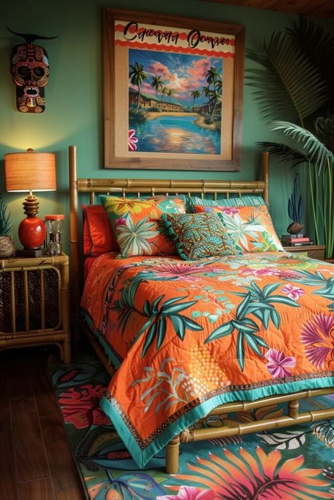 29 Tropical Bedrooms to Transport You to Paradise Hawaiian Theme Room, Tiki Bedroom Ideas, Hawaiian Themed Bedroom, Hawaiian Theme Bedrooms, Tiki Bedroom, Rainforest Decor, Tropical Decor Ideas, Tiki Room Decor, Modern Tropical Bedroom