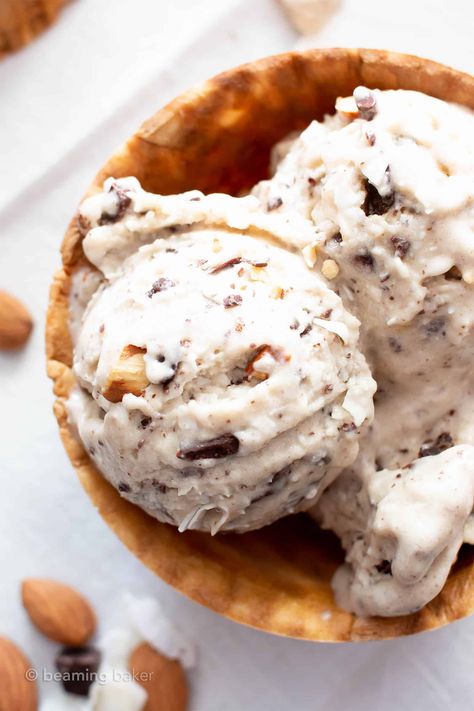 Almond Joy Vegan Paleo Ice Cream Recipe (Refined Sugar-Free) - Beaming Baker Paleo Ice Cream, Churn Ice Cream, Vegan Ice Cream Recipe, Coconut Chocolate, Dairy Free Ice Cream, No Churn Ice Cream, Healthy Ice Cream, Almond Joy, Cream Desserts