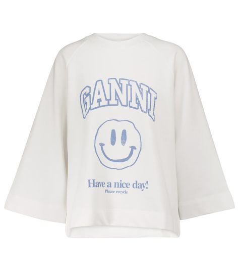 Ganni - Cotton-blend top | Mytheresa Smiley Face Tee, Inspired Illustration, Trendy Shirts, Wide Sleeves, Lookbook Outfits, Dream Clothes, Smiley Face, Fashion Item, Aesthetic Clothes