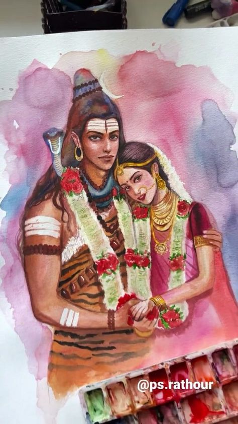 Mahadev And Parvati Painting, Shiv Parvati Watercolor Painting, Shiv Parvati Vivah Drawing, Shiv Parvati Painting On Canvas Easy, Mahashivratri Painting Ideas, Mahashivratri Drawing Ideas, Mahadev Watercolor Painting, Shivparvati Drawing, Shiv Watercolor Painting