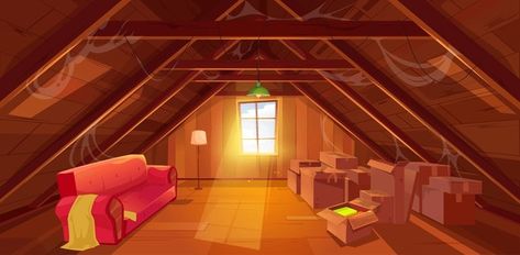 Garret Room, Attic Illustration, House Attic, Cozy Attic, Three Story House, Attic Ladder, Attic Window, Story Books Illustrations, Wood Repair