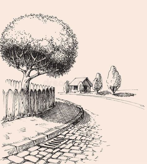 Pen Work Landscape, City Streets Drawing, Free Hand Drawing Sketches, Street Drawing Simple, City Drawing Sketches Simple, Drawing Backgrounds Ideas Sketch, Micropen Drawing, Street Drawing Sketches, Drawing Ideas City