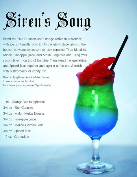 Ariel inspired cocktail Disney Cocktails, Disney Drinks, Mixed Drinks Alcohol, Liquor Drinks, Boozy Drinks, Mixed Drinks Recipes, Alcohol Drinks, Cocktail Drinks Recipes, Blue Curacao