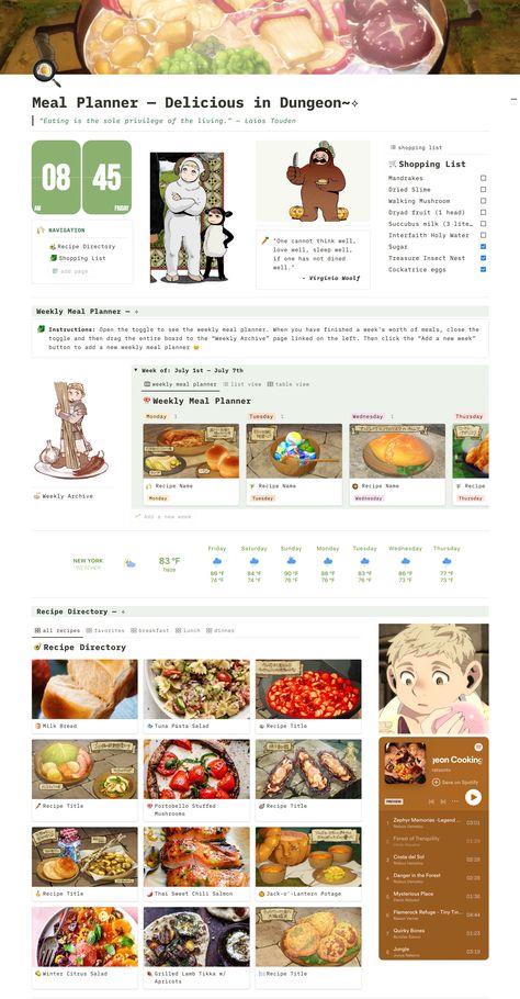 #notion_template_recipe, #dungeon_meshi_recipes, #senshi_x_chilchuck, #notion_food, #notion_meal_planner, #notion_ideas, #notion_inspo, #delicious_in_dungeon, #manic_pixie Myanimelist Layout, Dungeon Meshi Recipes, Notion Food, Notion Recipes, Notion Meal Planner, Study Planner Free, Notion Inspiration, Notion Setup, Free Notion Templates