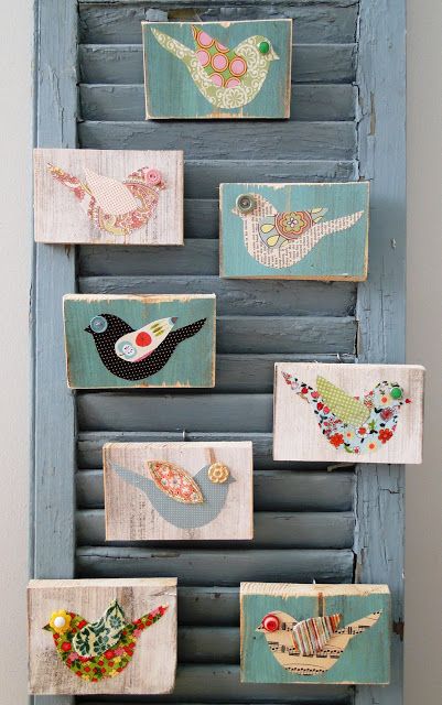 Painted Birds, Wood Block Crafts, Block Craft, Bird Crafts, Birds And Flowers, Fabric Birds, Bird Design, Fabric Art, Bird Art