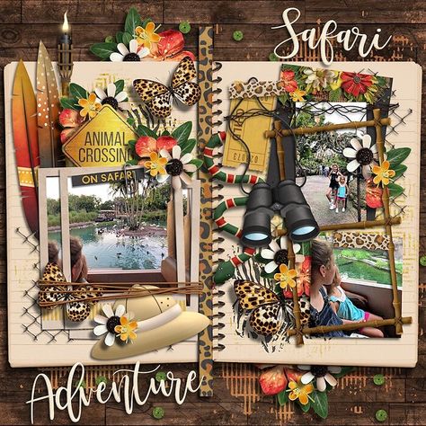 Safari Scrapbook Layouts, Safari Scrapbook, Animal Kingdom Safari, Zoo Photos, Jungle Lion, Scrapbook Disney, Disney Scrapbook Pages, Safari Adventure, Free Digital Scrapbooking