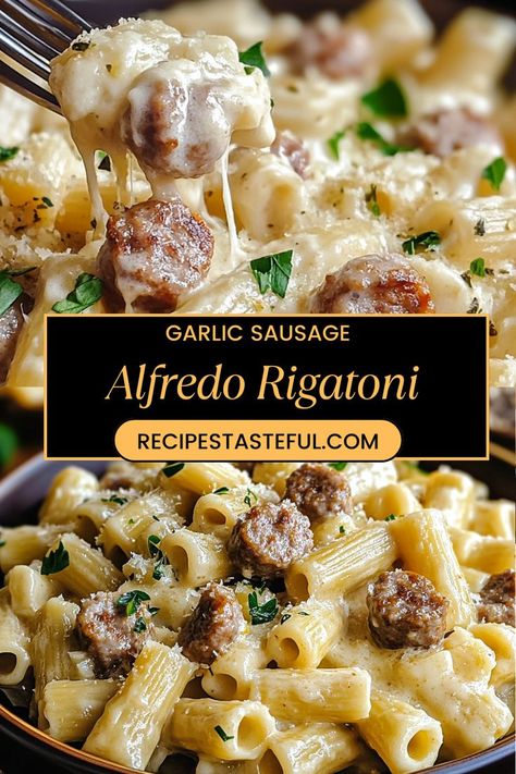 Savor the rich and creamy flavors of Garlic Sausage Alfredo Rigatoni! This hearty pasta dish combines tender rigatoni with savory sausage, a luscious Alfredo sauce, and aromatic garlic for a comforting meal that's perfect for any occasion. Quick to prepare and loaded with flavor, it’s ideal for busy weeknights or a cozy dinner with family. Save this pin for a delicious recipe that elevates your pasta game to a whole new level! Pasta Recipes For School Lunch, Quick And Easy Weeknight Dinner Recipes, Recipes With Beef Sausage, Easy Dinner For Hosting, Ground Sausage Alfredo Pasta, Creamy Rigatoni With Boursin Cheese, Upscale Pasta Dishes, Christmas Dinner Pasta Ideas, Sausage And Bow Tie Pasta Recipe