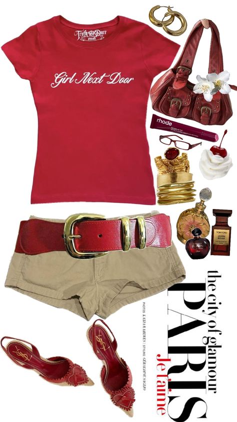 gogo dancing ! #red #gold #brown #khaki #beige #creme #black #y2k #2000s #myswagisunusual #outfit #fashioninspo #outfitinspo #fashion #icon #itgirl #girlygirl #girly #vintage #ysl #YSL #dior #gucci Khaki And Red Outfit, Girly Aesthetic Outfit, Black And Gold Outfit, Red And Black Outfits, Fasion Outfits, Vintage Ysl, Black Y2k, 2000s Fashion Outfits, Cute Comfy Outfits