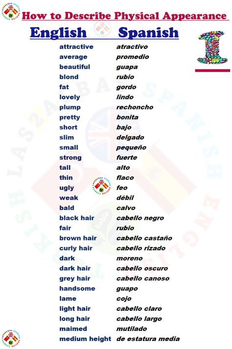 Spanish English vocabulary Spanish Places Vocabulary, Describe Physical Appearance, Spanish Vocabulary List, New Words In English, Common Spanish Phrases, Spanish Printables, Spanish Words For Beginners, Phrases And Sentences, Learning Spanish Vocabulary