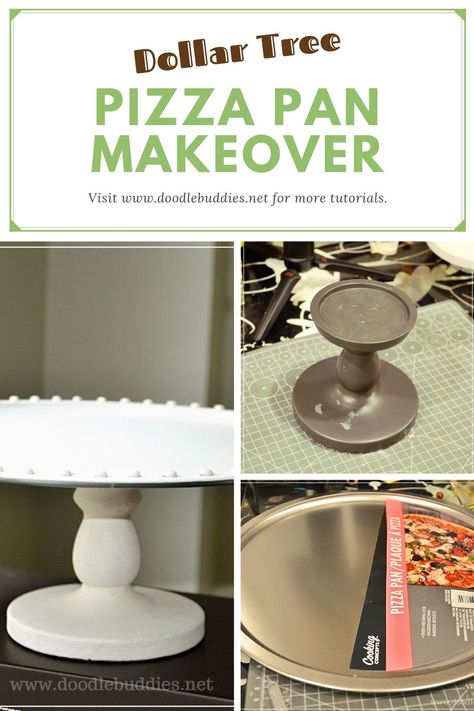 Turn a pizza pan from the dollar store into a cake stand perfect for budget friendly farmhouse decor. Diy Pizza Stand Wedding, Diy Pizza Stand, Crafts Using Dollar Tree Pizza Pans, Dollar Tree Cupcake Stand Diy, Pizza Pan Crafts Diy, Dollar Tree Cupcake Stand, Diy Cake Stand Dollar Store, Dollar Tree Pizza Pan Crafts, Diy Cake Plate Stand