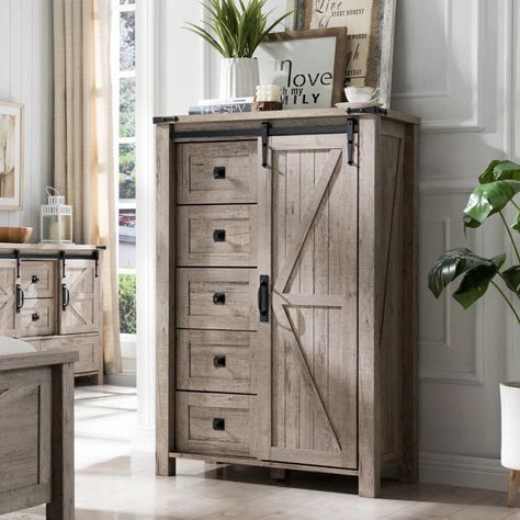 Guilford Farmhouse 5 Chest of Drawers, Tall Drawers Dresser with Sliding Barn Door Modern Tall Dresser, Barn Door Farmhouse, Tall Drawers, Rustic Dresser, Tall Chest Of Drawers, Farmhouse Dresser, Dresser Tv Stand, Dresser With Tv, Door Farmhouse